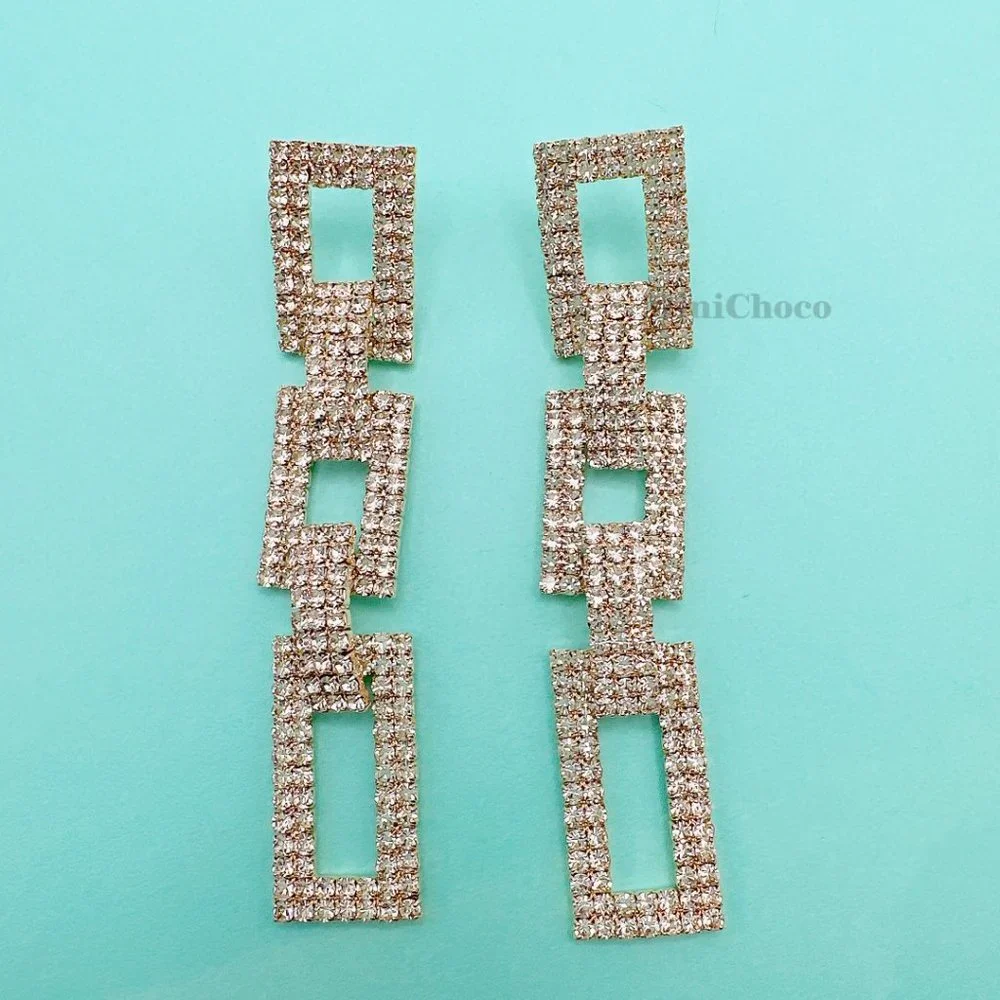 Gold Tone Rhinestone Rectangle Chain Link Earrings - Picture 4 of 10